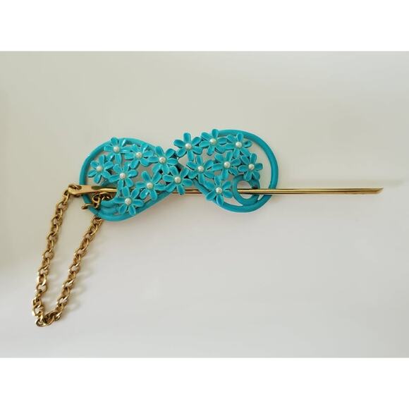 Vintage Style Blue Metal Enamel Floral Stick Barette - Picture 1 of 5